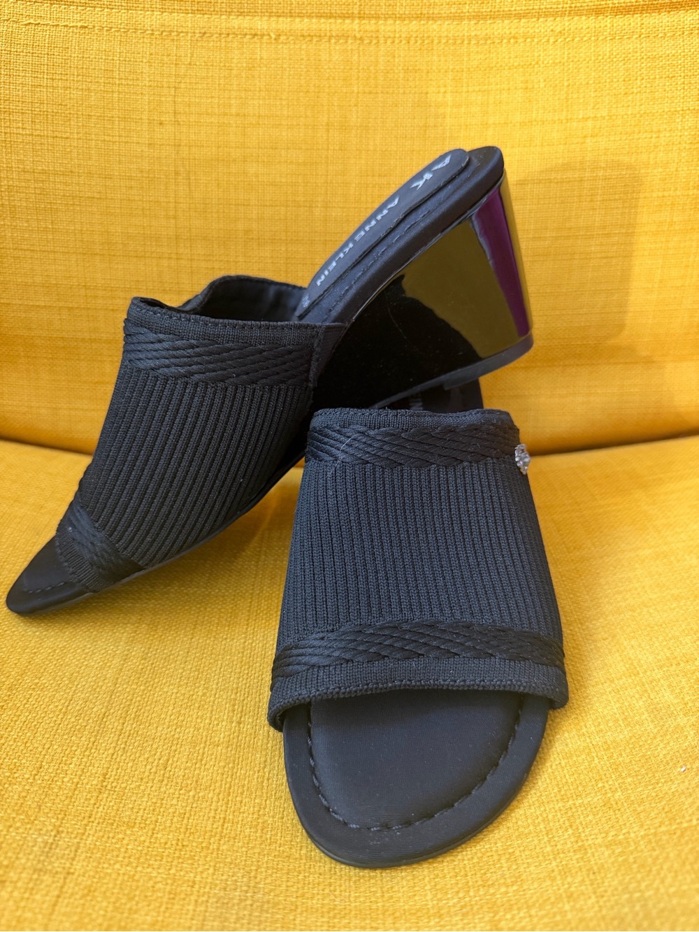 Anne Klein Black Ribbed Open-Toe Mules - Picture 2 of 5